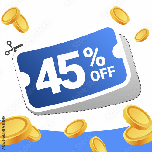 45% Off Coupon with Gold Coins on White and Blue Background