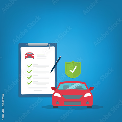 Car insurance document, report. Paper agreement checklist or loan checkmarks form list approved with automobile icon, vehicle financial, car dealership legal deal.	