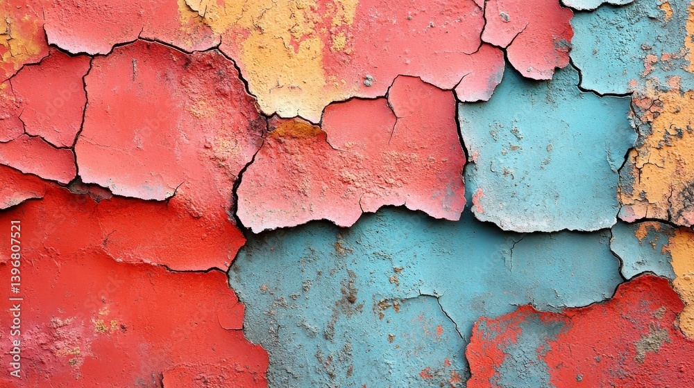 Obraz premium Cracked, weathered surface of paint in red, blue, and yellow hues