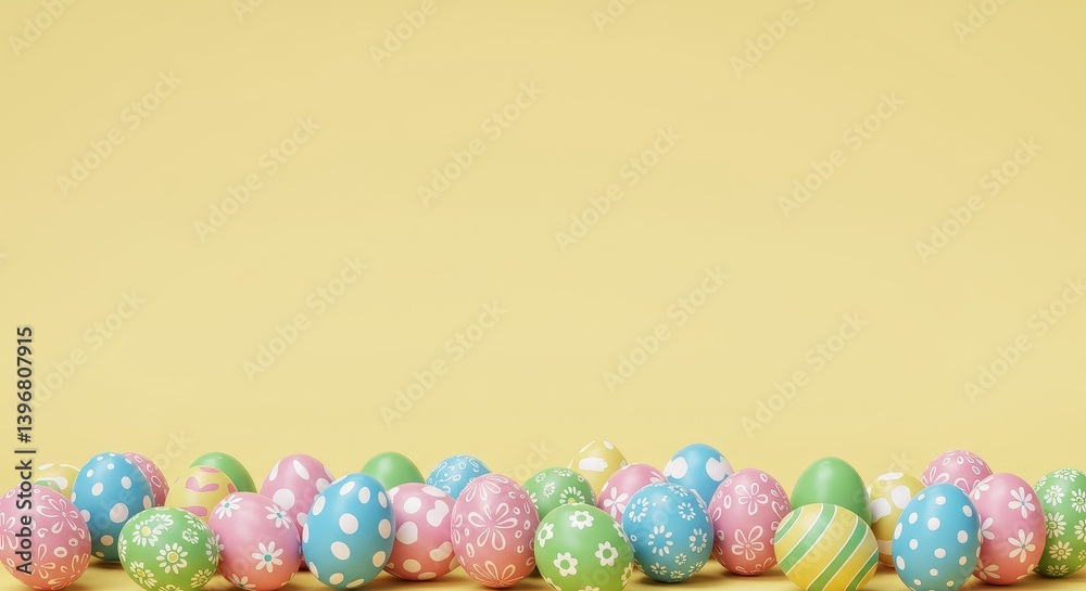 Colorful easter eggs arranged in a row on yellow background with various patterns and designs