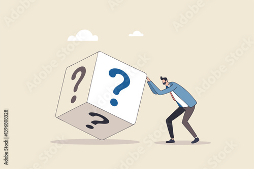 Random or chance to win, gamble, risk management or analyze opportunity, prediction or forecast future, unknown or uncertain concept, businessman with magnifying glass analyze dice with question mark.