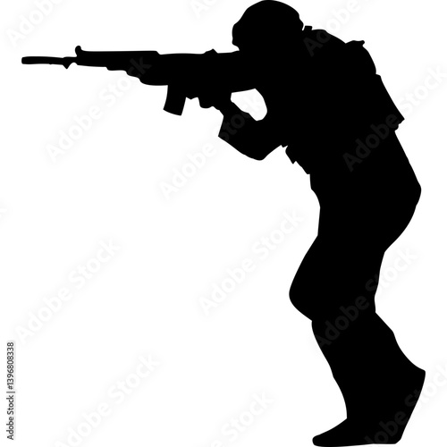 Silhouette of soldier aiming rifle. Illustration of military action for defense and security theme.