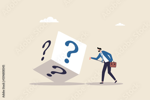 Random or chance to win, gamble, risk management or analyze opportunity, prediction or forecast future, unknown or uncertain concept, businessman with magnifying glass analyze dice with question mark.