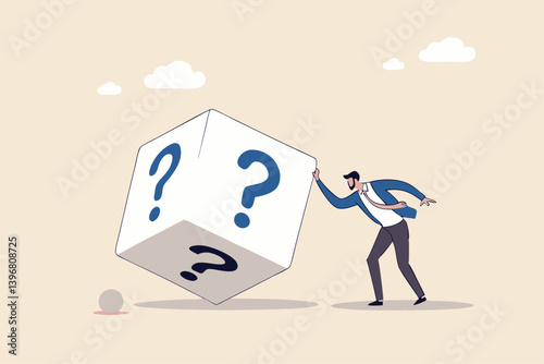 Random or chance to win, gamble, risk management or analyze opportunity, prediction or forecast future, unknown or uncertain concept, businessman with magnifying glass analyze dice with question mark.