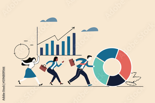 Data driven or data analysis, chart and graph report, analytics, research and optimization, big data or intelligence information, insight concept, business people carrying bar graph and pie chart.