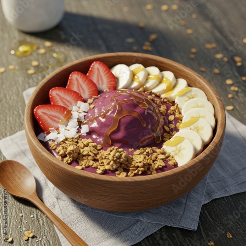 realistic acai bowl topped with fresh strawberries, banana slices, granola, and a drizzle of honey, served in a wooden bowl on a rustic table, with soft natural light highlighting