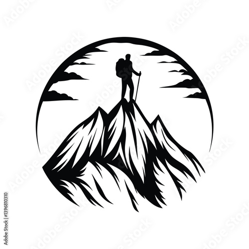 Silhouette Hiker on Peak Mountain, Black and White Circular Design, Backpack, Stick, Clouds