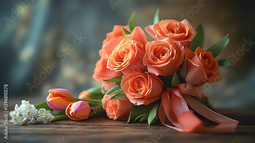 A bouquet of peach roses tulips and white flowers are gathered on a wooden table with a soft blurred background