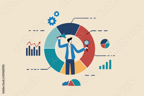 Analyze data, financial research analytics, data analysis, chart and graph or diagram, database report or predictive visualization concept, businessman with magnifying glass analyzing pie chart data.