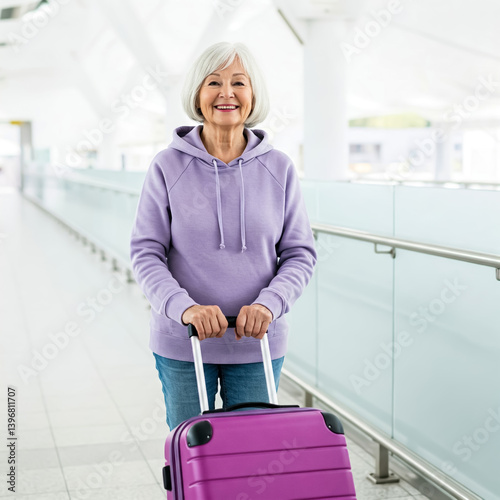 Smiling senior woman in lilac hoodie, holding purple travel suitcase, walking in the airport terminal after arriving from a trip.