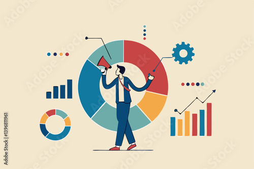 Analyze data, financial research analytics, data analysis, chart and graph or diagram, database report or predictive visualization concept, businessman with magnifying glass analyzing pie chart data.