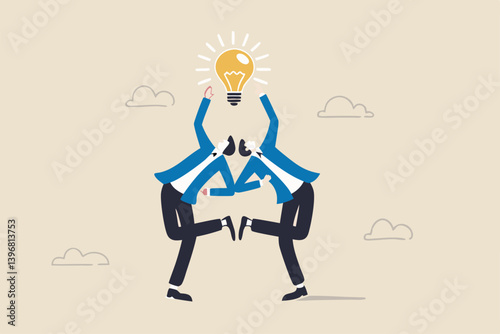 Cooperation to success together, brainstorm new idea or share knowledge, collaborate to get solution, team innovation or partnership, businessmen in think together posing pointing at lightbulb idea.