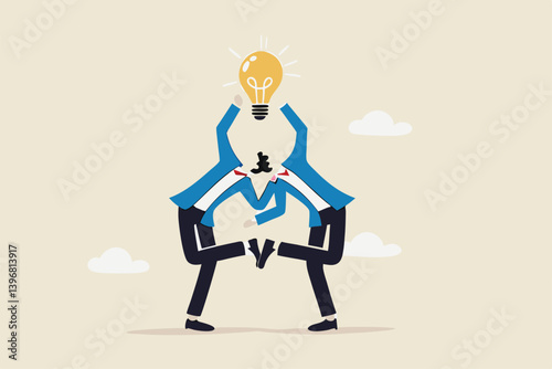 Cooperation to success together, brainstorm new idea or share knowledge, collaborate to get solution, team innovation or partnership, businessmen in think together posing pointing at lightbulb idea.