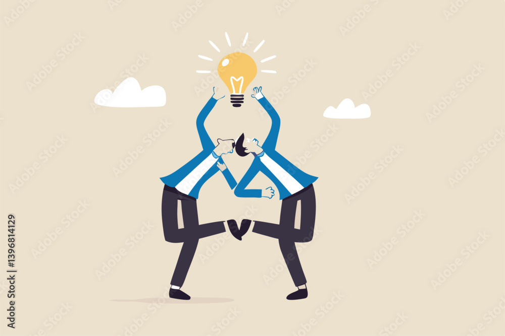 Cooperation to success together, brainstorm new idea or share knowledge, collaborate to get solution, team innovation or partnership, businessmen in think together posing pointing at lightbulb idea. Cooperation to success together, brainstorm new idea or share knowledge, collaborate to get solution, team innovation or partnership, businessmen in think together posing pointing at lightbulb idea.