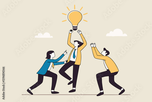 Cooperation to success together, brainstorm new idea or share knowledge, collaborate to get solution, team innovation or partnership, businessmen in think together posing pointing at lightbulb idea.