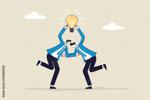 Cooperation to success together, brainstorm new idea or share knowledge, collaborate to get solution, team innovation or partnership, businessmen in think together posing pointing at lightbulb idea.