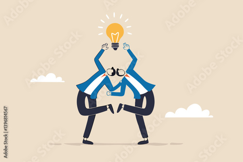 Cooperation to success together, brainstorm new idea or share knowledge, collaborate to get solution, team innovation or partnership, businessmen in think together posing pointing at lightbulb idea.