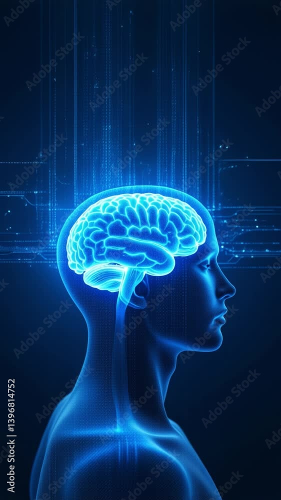 Glowing digital brain energy within a blue human head silhouette