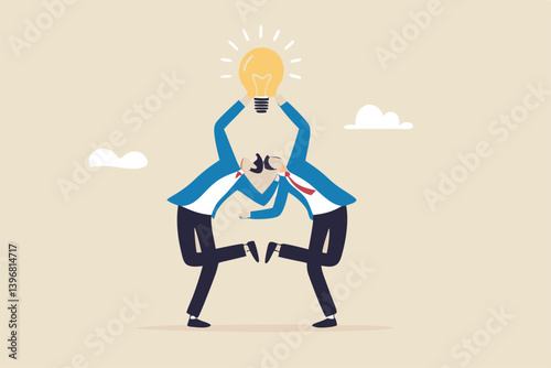 Cooperation to success together, brainstorm new idea or share knowledge, collaborate to get solution, team innovation or partnership, businessmen in think together posing pointing at lightbulb idea.