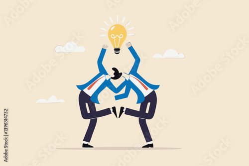 Cooperation to success together, brainstorm new idea or share knowledge, collaborate to get solution, team innovation or partnership, businessmen in think together posing pointing at lightbulb idea.