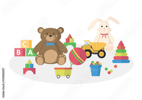 Children's toys placed on the floor for play and development. Toys for a boy or girl.