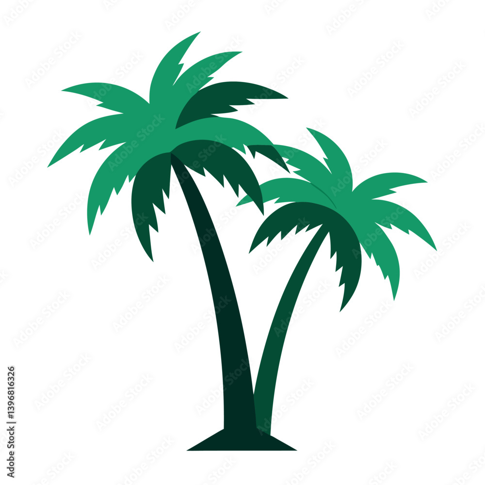 Fototapeta premium A pair-of-palm-trees-with-curved-trunks-and-fanned. 
