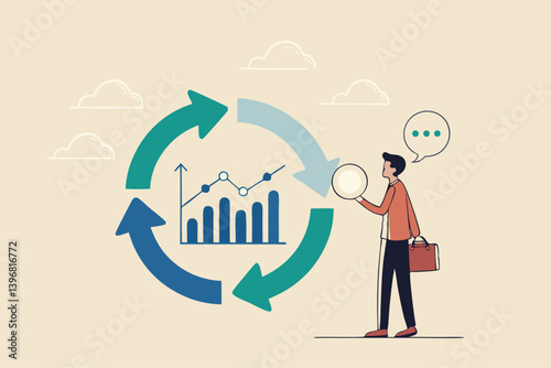 Economic cycle to study up and down on stock market, booming or recession, business cycle for marketing, statistic or data analysis concept, businessman with magnifier on economic cycle diagram.