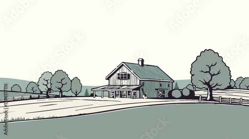 Outline vector illustration of a farmhouse with trees countryside