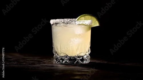 Refreshing margarita cocktail in a rocks glass with lime and salt rim on dark wood. (1)