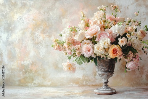 A beautiful floral arrangement in a vintage urn against a textured backdrop.