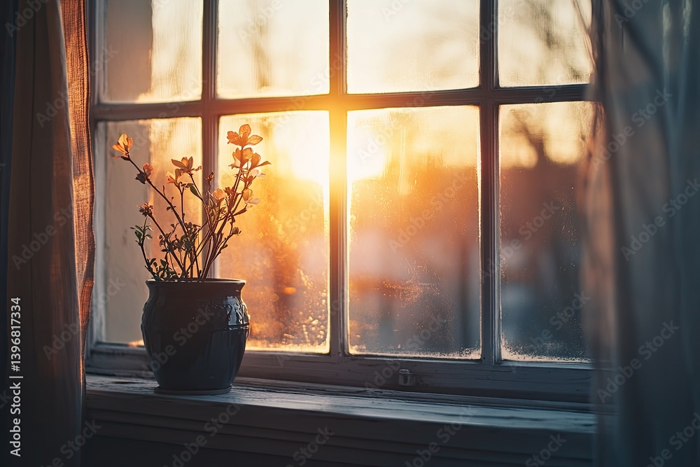 Fototapeta premium Warm Sunset Through Window, Small Flowers