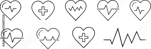 heart icon, love heart symbol medical concept, cardiogram heartbeat sign vector art illustration