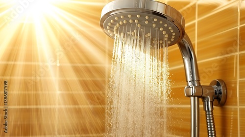 A refreshing shower head spraying water under bright sunlight.