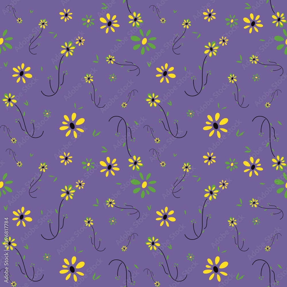 Flower seamless pattern on purple background of hand-drawn floral shape and leaf. Elegant, artistic, simplicity, yellow flower, stylish, botany, summer concept for fabric print, wallpaper, stationery. Flower seamless pattern on purple background of hand-drawn floral shape and leaf. Elegant, artistic, simplicity, yellow flower, stylish, botany, summer concept for fabric print, wallpaper, stationery.