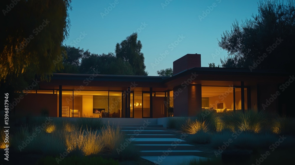 Modern home glowing at dusk with soft garden lights, blending warmth and sleek architecture