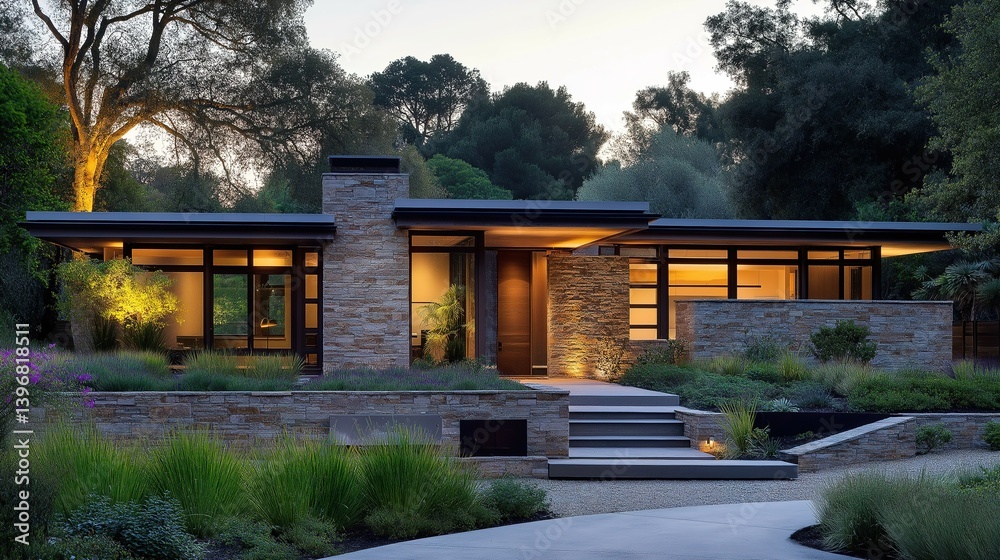 Modern home glowing at dusk with soft garden lights, blending warmth and sleek architecture Modern home glowing at dusk with soft garden lights, blending warmth and sleek architecture
