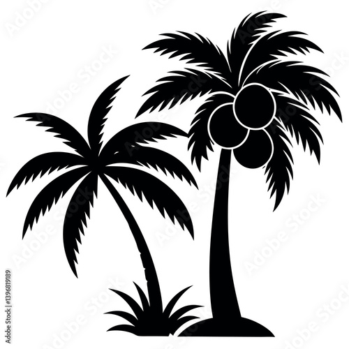 A tropical coconut tree plum tree silhouettes 