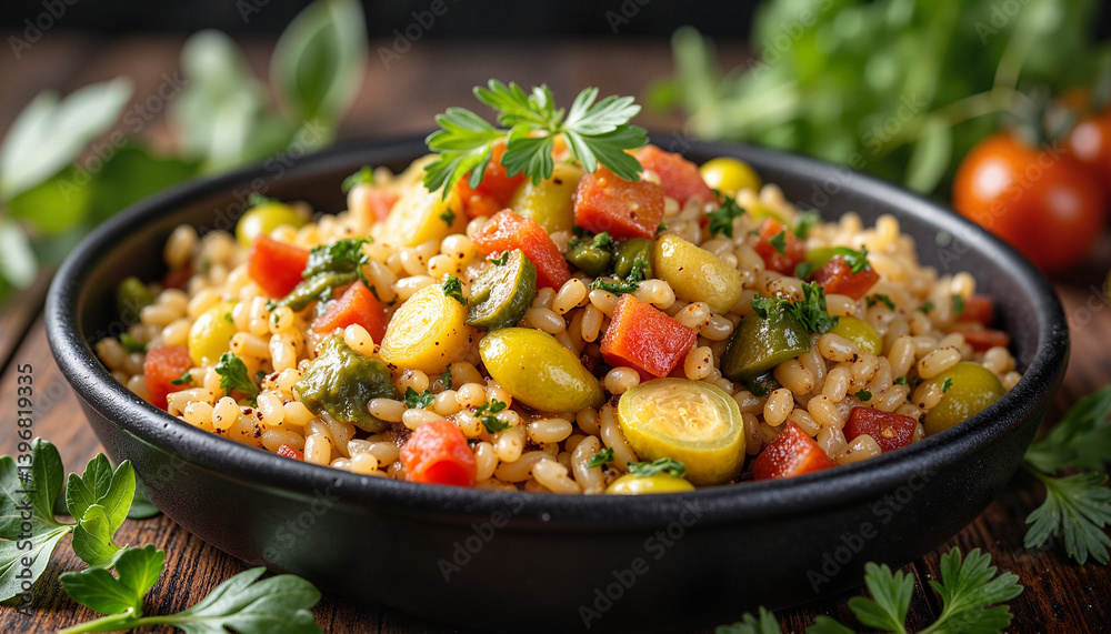 Vibrant couscous bowl with fresh vegetables in rustic kitchen, culinary delight Vibrant couscous bowl with fresh vegetables in rustic kitchen, culinary delight