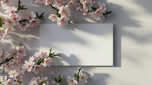 Obraz na płótnie Blank card surrounded by delicate pink blossoms and sunlight w salonie