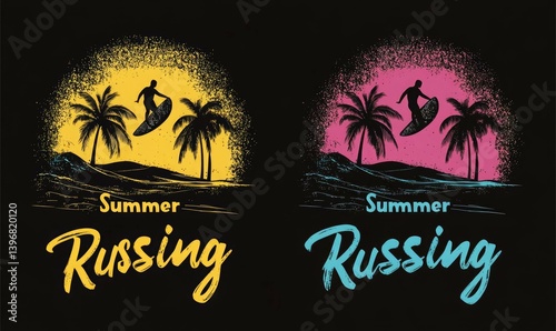 surfing Summer beach wave with palm trees and sunset for t shirt 