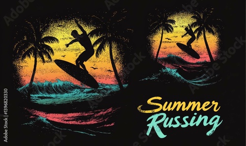 surfing Summer beach wave with palm trees and sunset for t shirt 