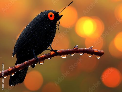 A wet black bird with orange eyes sits on a branch against a backdrop of out-of-focus lights