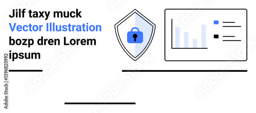 Shield with lock icon symbolizes data protection alongside a bar chart and statistics on a dashboard. Ideal for cybersecurity, data analysis, business security, privacy, online safety, information