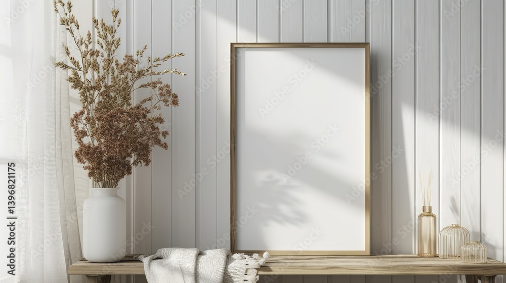 Dried Flowers Vase Blank Frame Wooden Shelf Decor on a Wooden Shelf Against a White Paneled Wall.