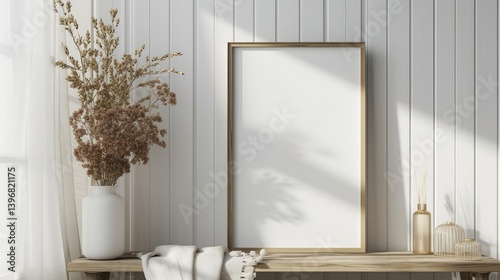 Dried Flowers Vase Blank Frame Wooden Shelf Decor on a Wooden Shelf Against a White Paneled Wall.