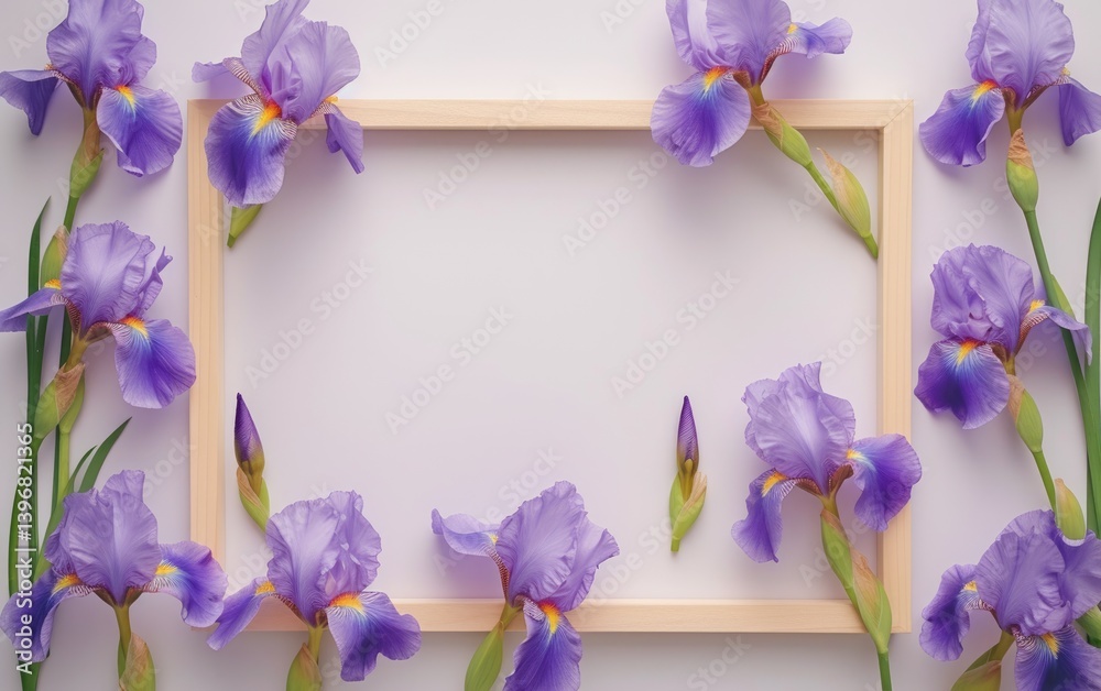 Purple Iris Flowers Surround Wooden Frame Background