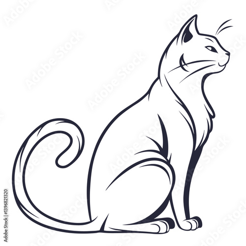 Elegant Outlined Cat Sitting Sideways Curled Tail Isolated on White, Feline Look Aside