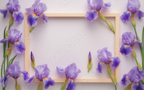 Obraz na płótnie Purple Iris Flowers Surround Wooden Frame Background w salonie