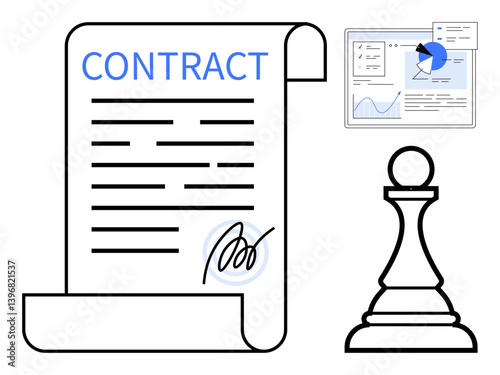 Legal contract with a signature alongside analytics and strategy symbols. Ideal for agreements, negotiation, leadership, analytics, corporate planning, legal services, simple landing page