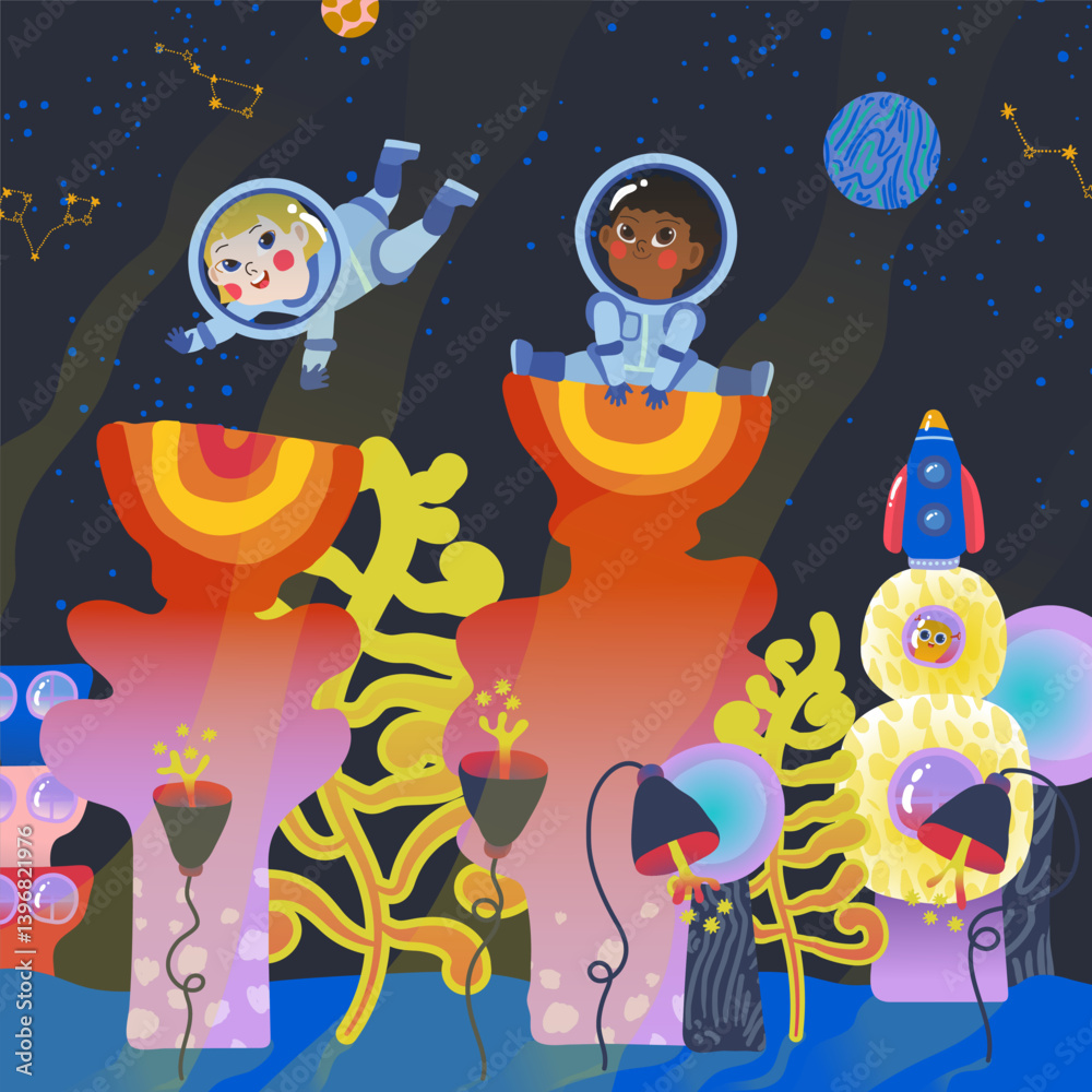 Naklejka premium Vector illustration of kids astronaut on a another planet trip across the galaxy